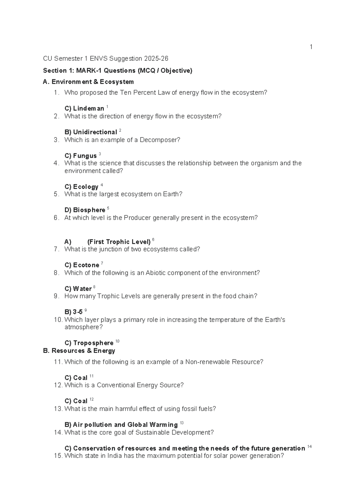 CU Semester 1 ENVS 2025 Suggestion: MCQ & Short Answer Guide - Studocu