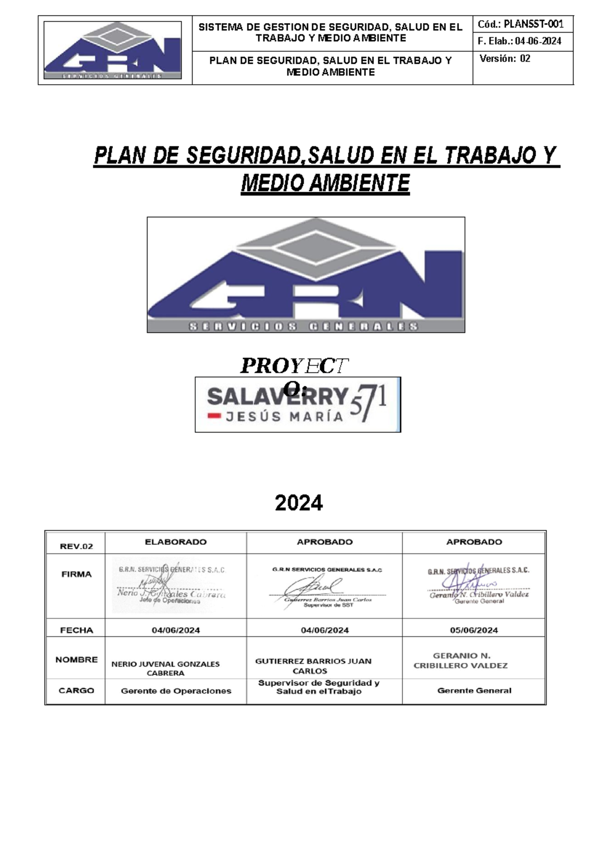 PLAN DE SEGURIDAD Y SALUD EN EL TRABAJO - GRN SERVICIOS 2024 - Studocu