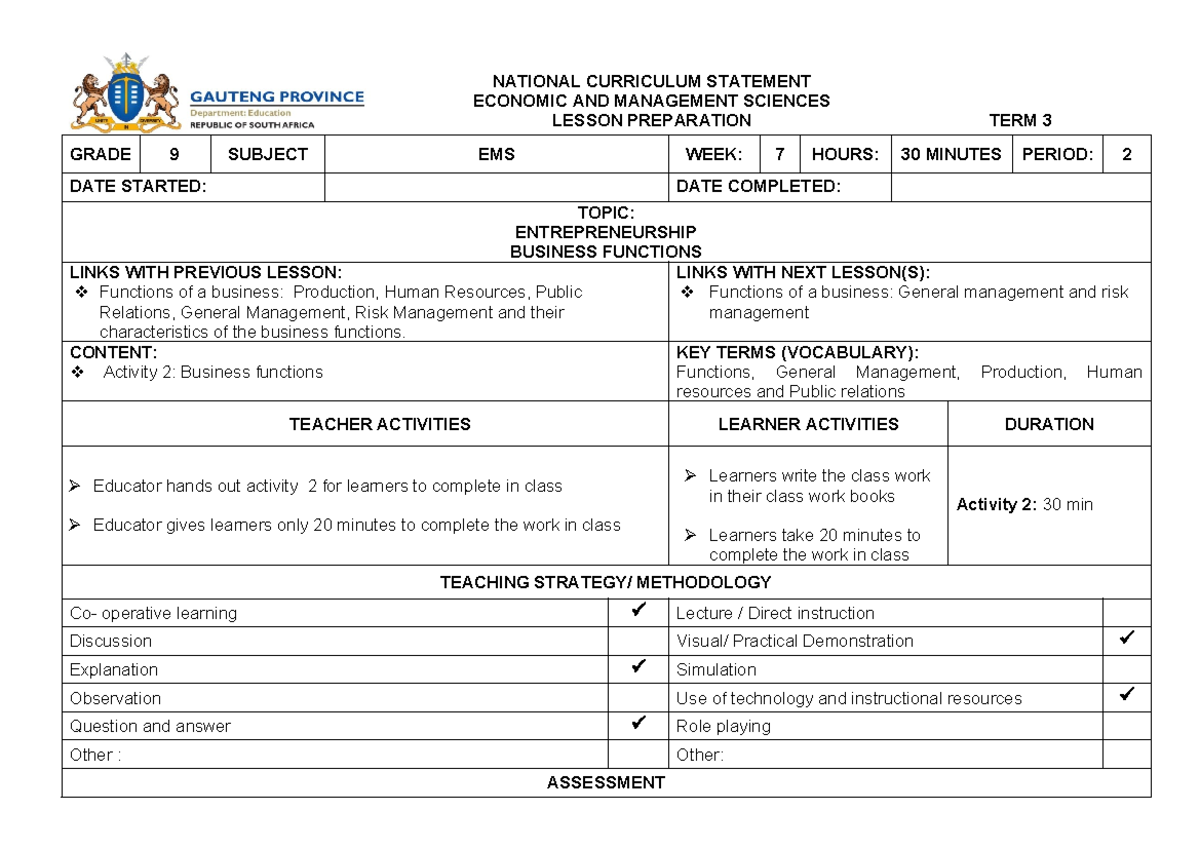 NATIONAL CURRICULUM EMS GRADE 9 LESSON PLAN: ENTREPRENEURSHIP - Studocu