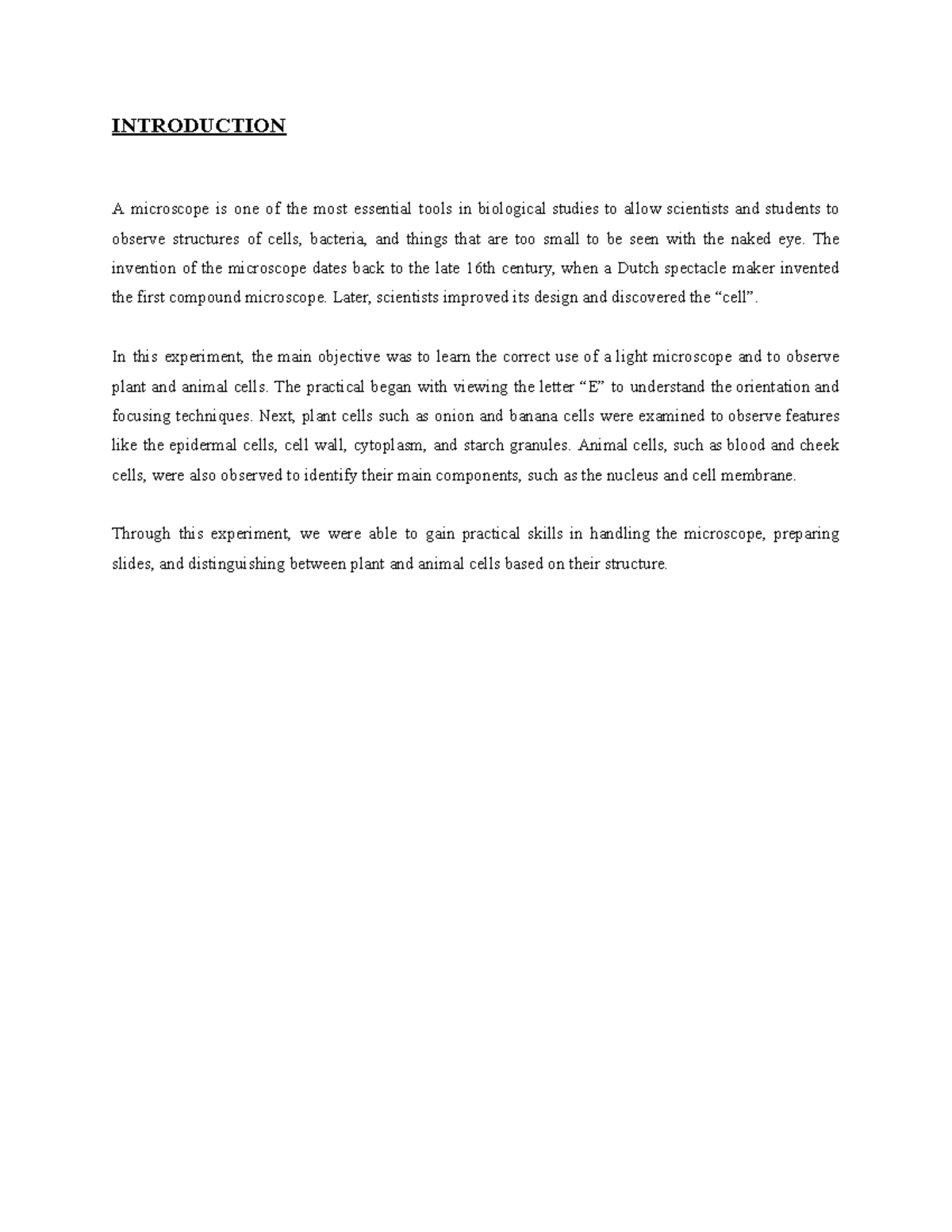 Lab Report BMS 101: Practical on Microscope Use and Cell Observation ...