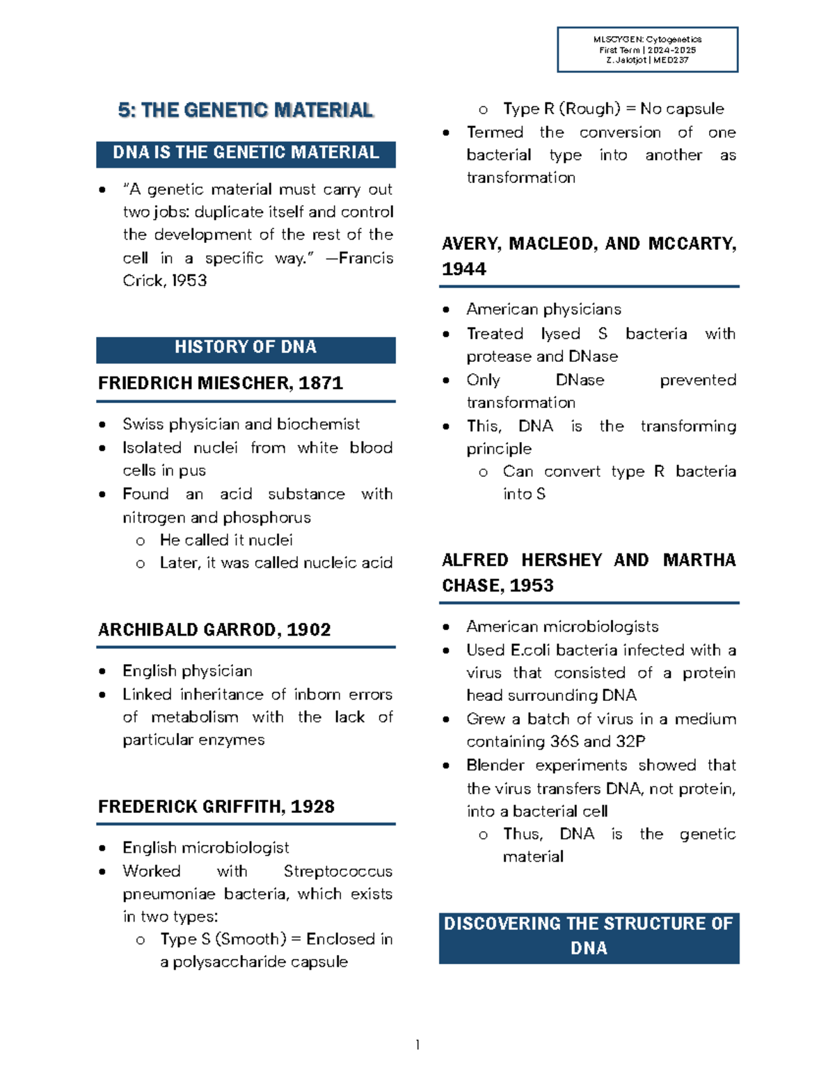 Cytogenetics - Final Exam Study Notes - MED 2024-2025 - Studocu