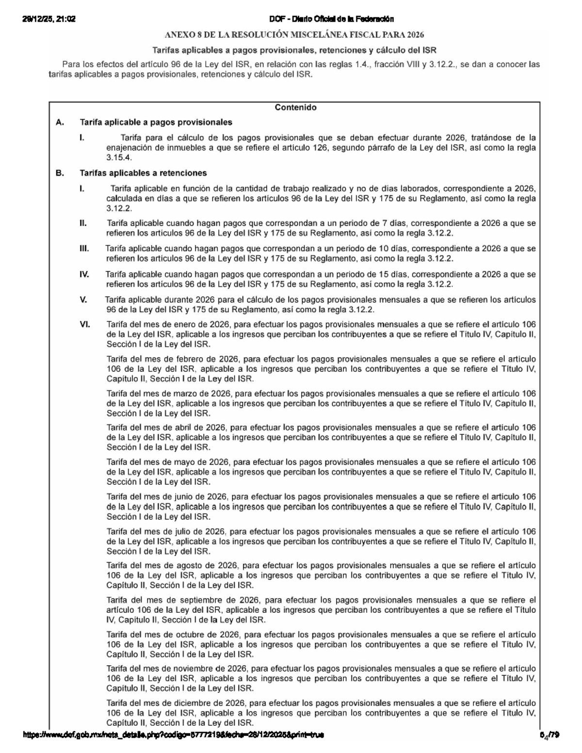 Anexo 8-RMF-2026: Tarifas ISR para Pagos Provisionales y Retenciones ...