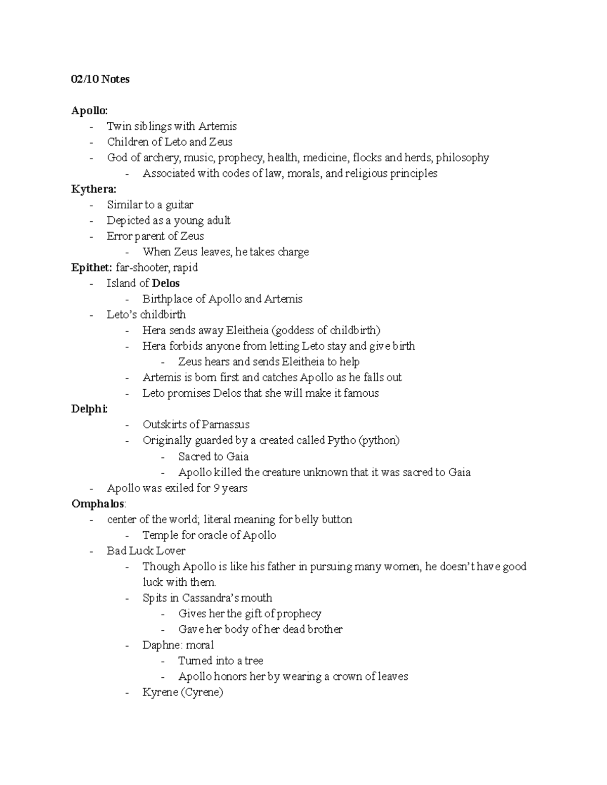 02/10 Lecture Notes on Apollo and Mythology - Studocu