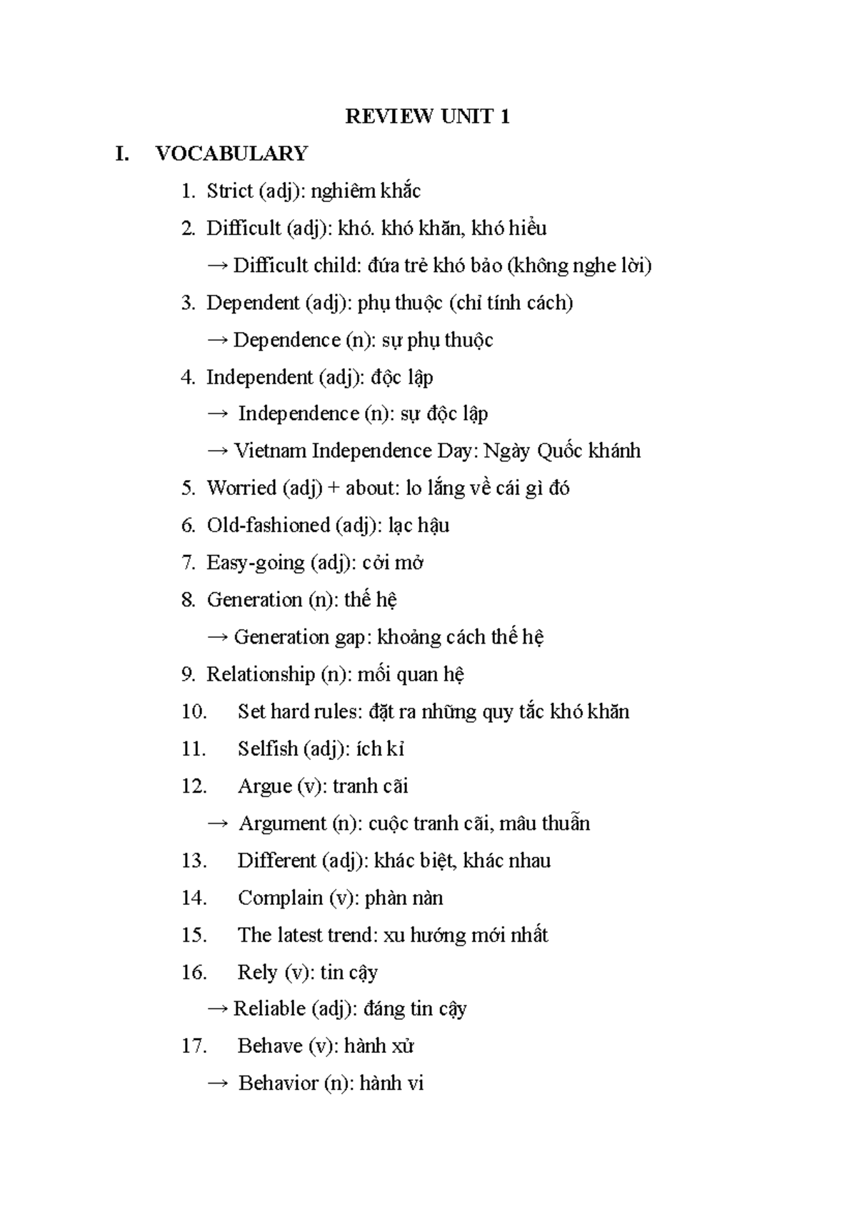 Review Unit 1 Vocabulary - Bright 11 - Studocu