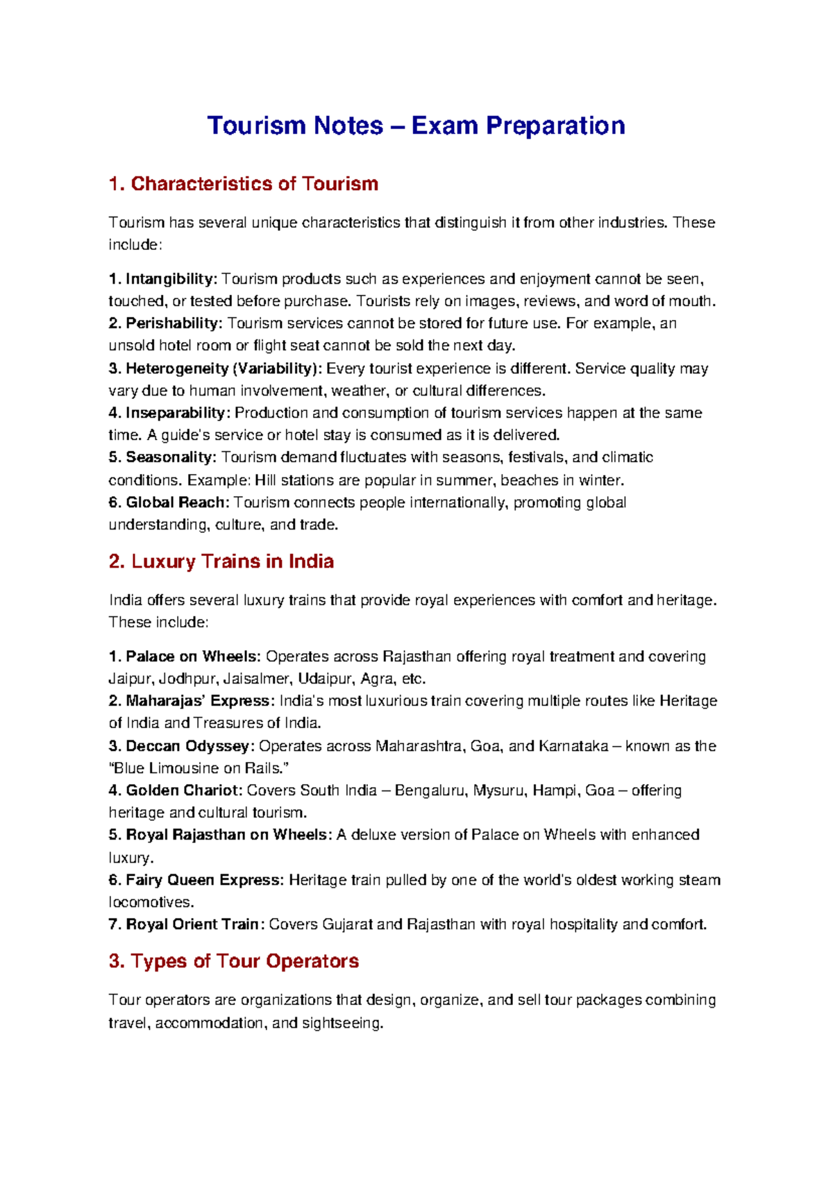 Tourism Notes Exam Prep: Key Concepts & Characteristics - Studocu