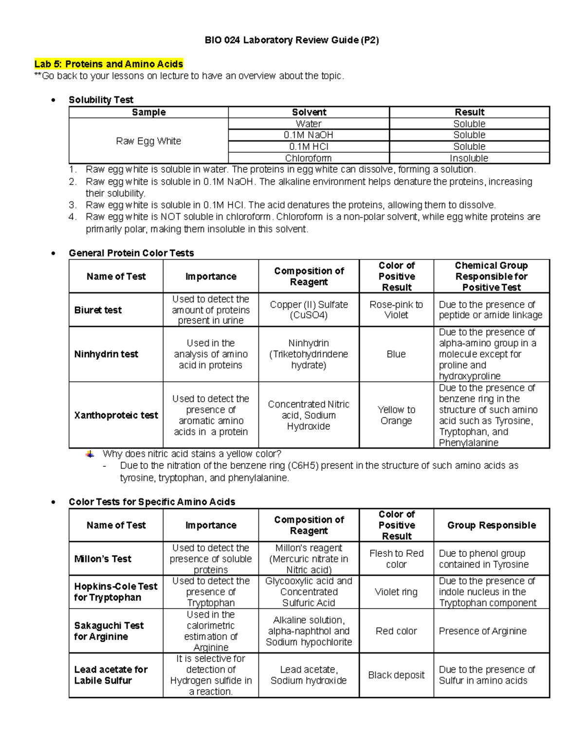 BIO 024 Laboratory Review Guide: Proteins, Amino Acids, & Lipids - Studocu