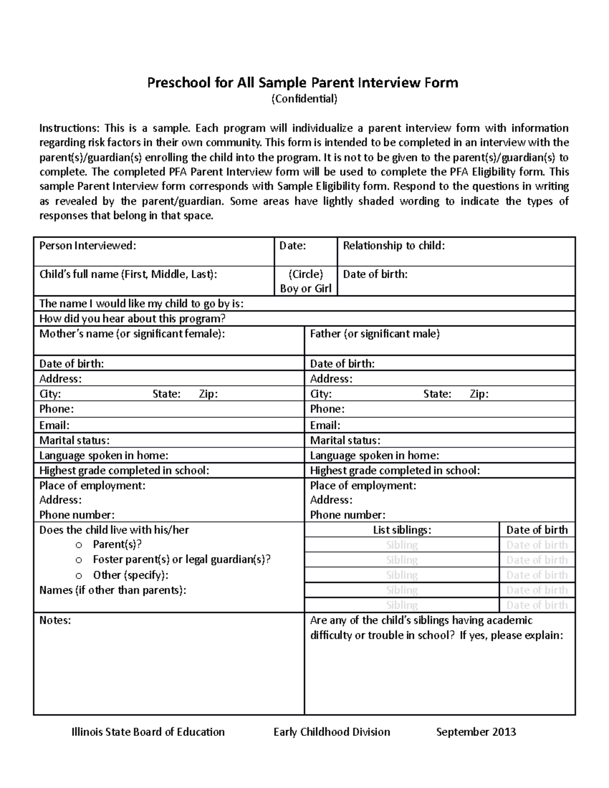 PFA Sample Parent Interview Form for Enrollment Assessment - Studocu