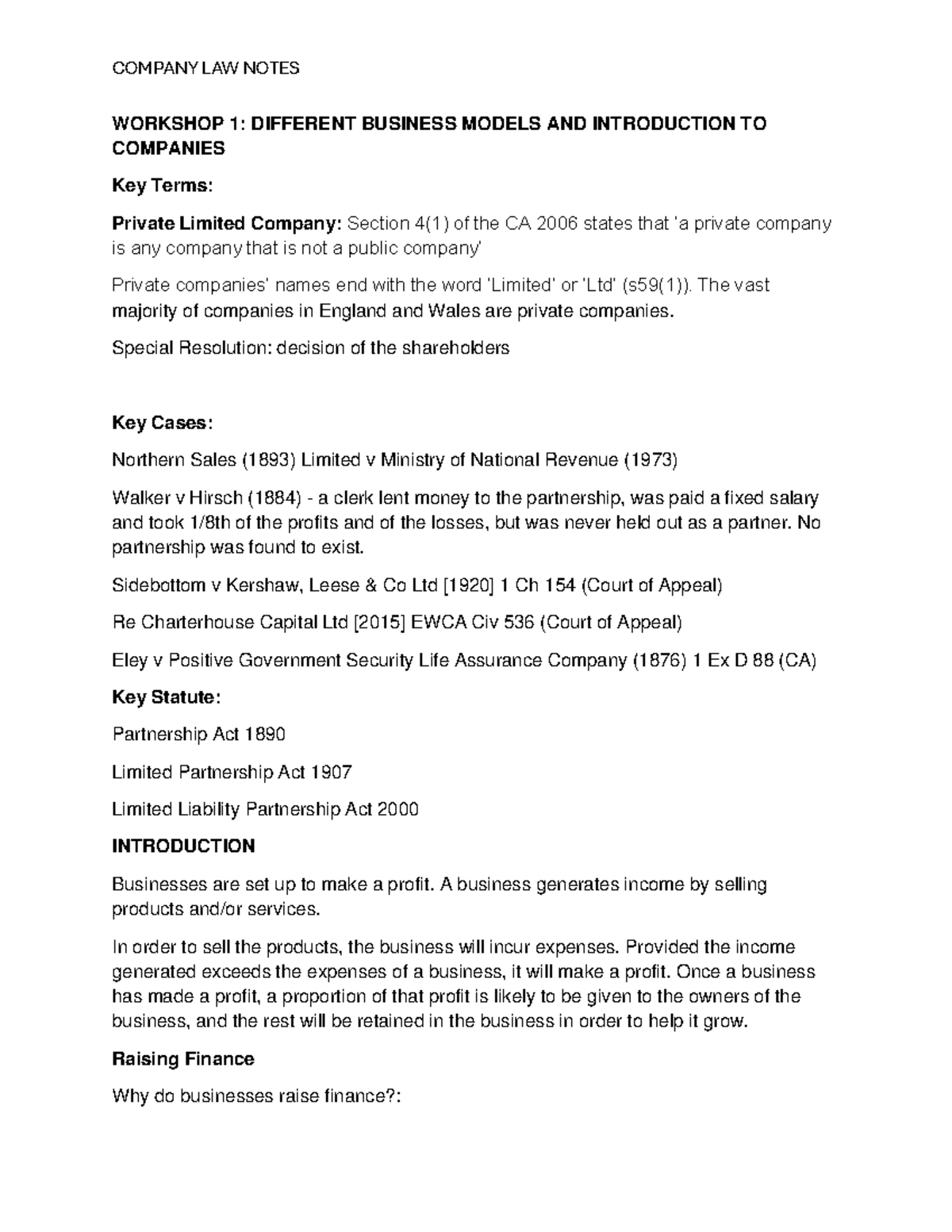 Company Law Master Notes: Key Insights on Business Models and Companies ...
