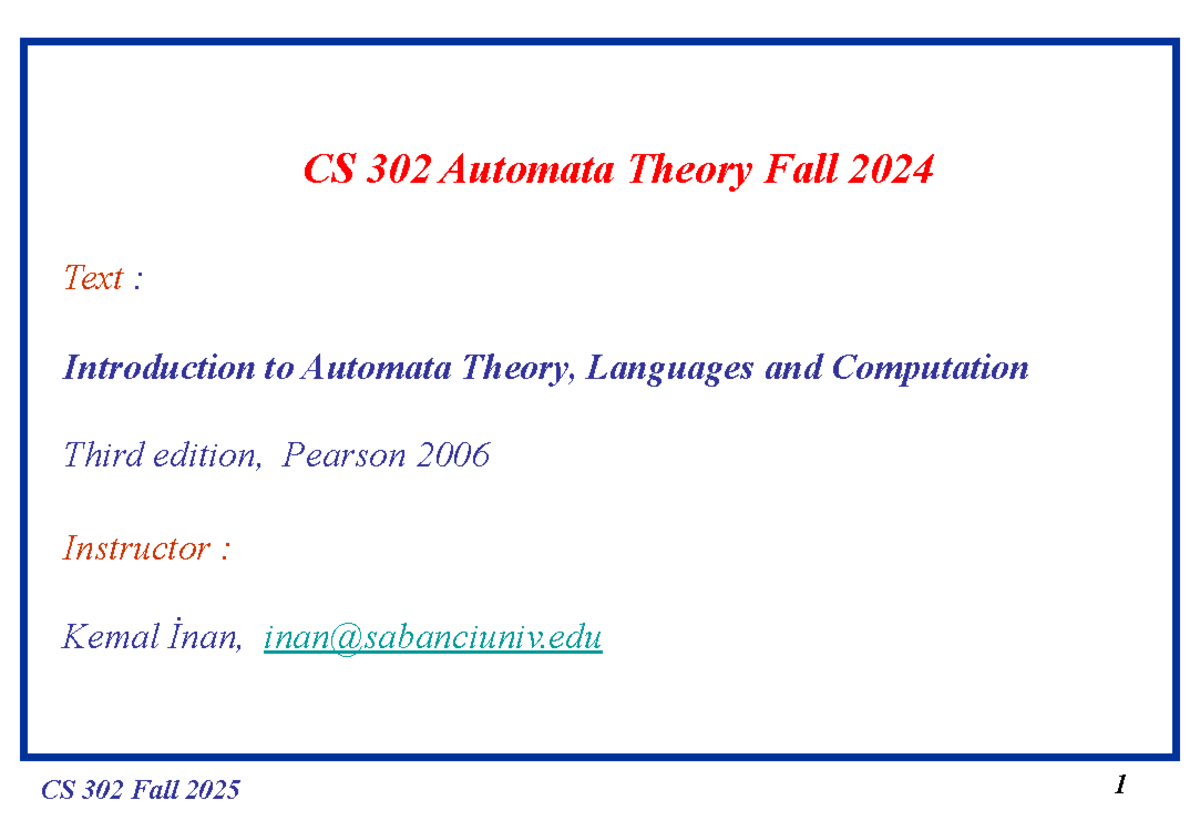 CS 302 - Automata Theory Lecture Slides Fall 2024 - Studocu