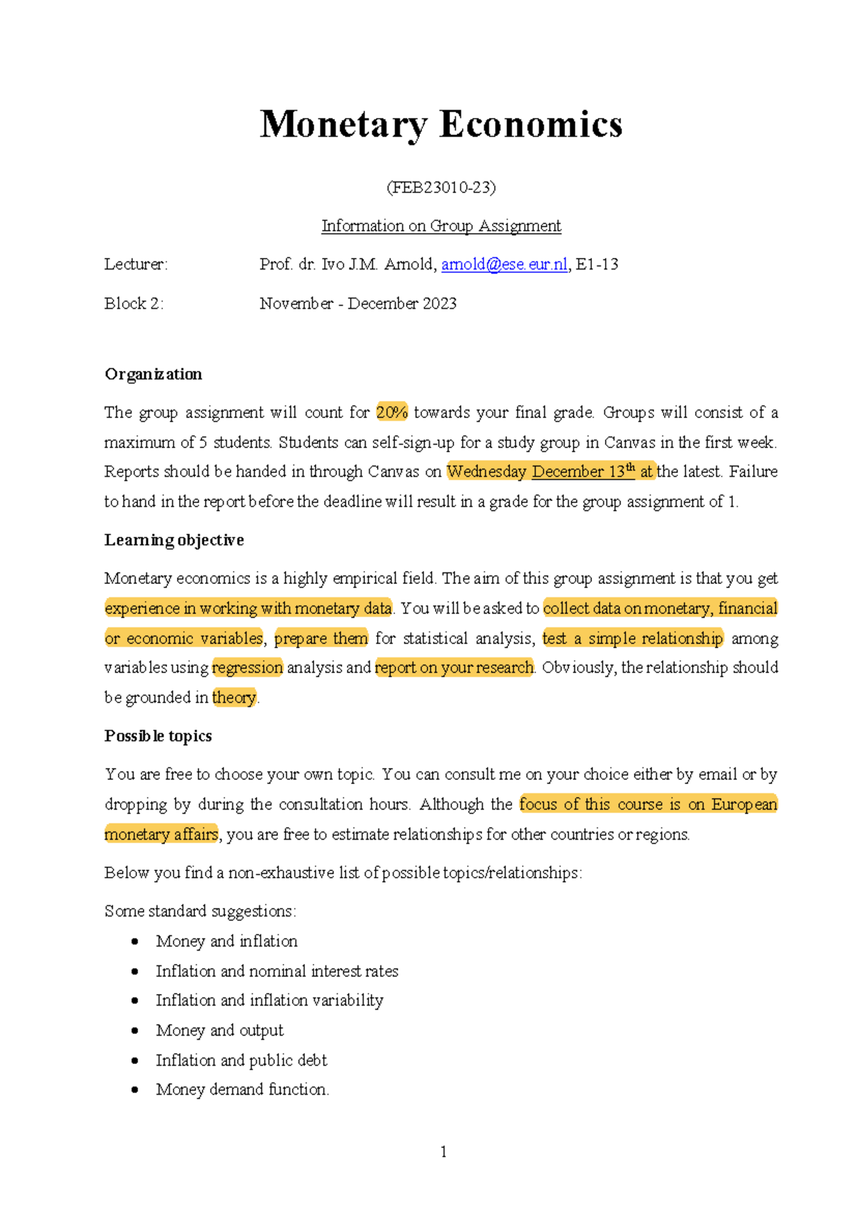 Group Assignment Instructions for Monetary Economics (FEB23010-23 ...