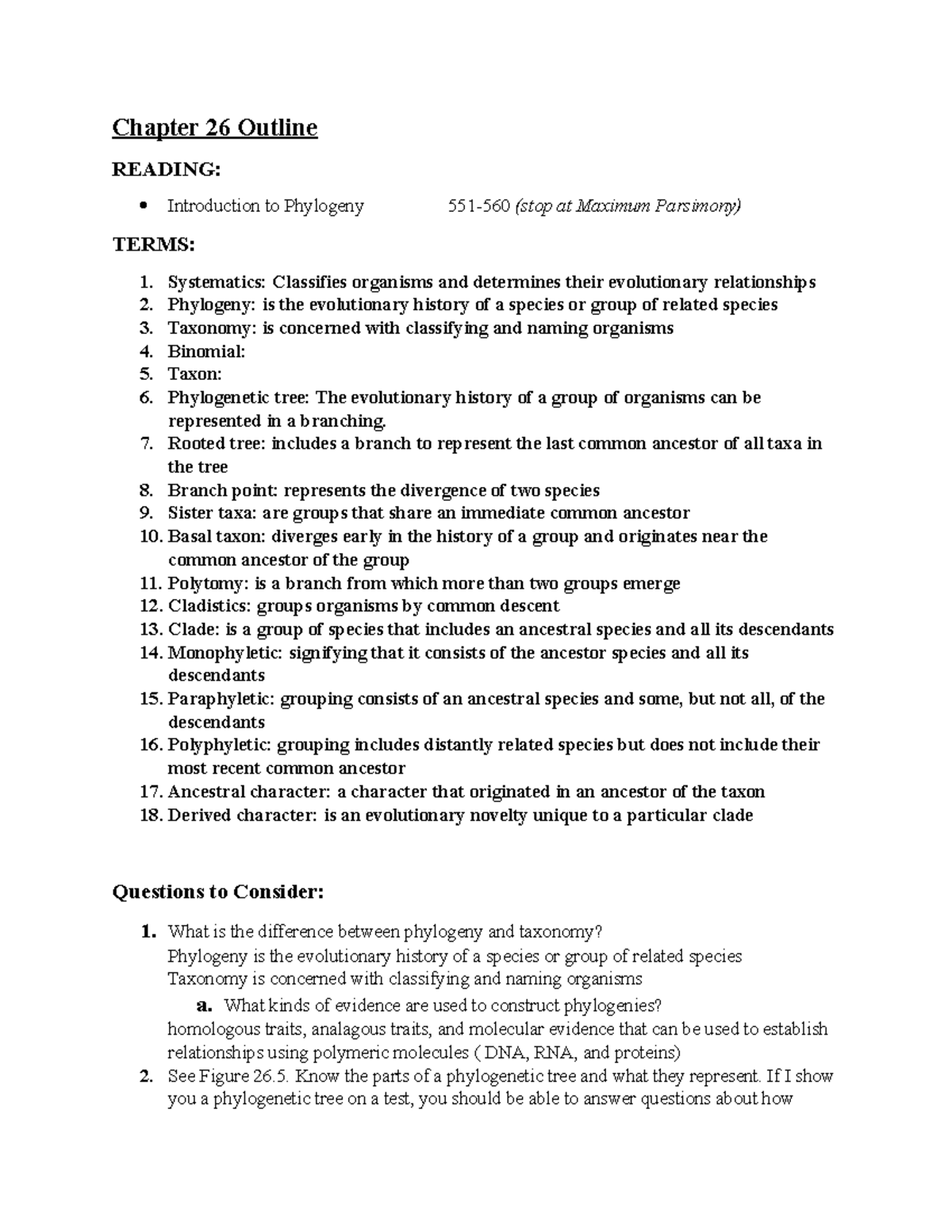 Chapter 26 Vocab & Outline - Phylogeny and Systematics Overview - Studocu
