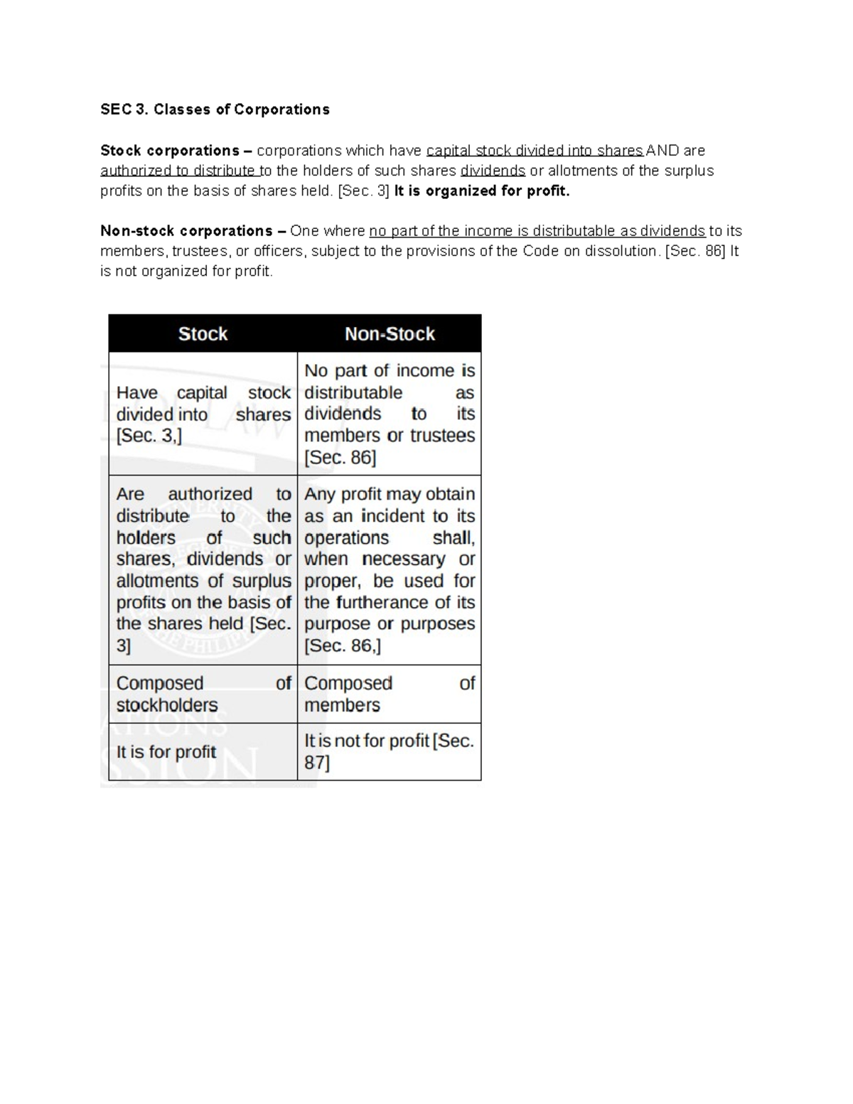 Law 101: Understanding Classes of Corporations - Sec 3 Overview - Studocu