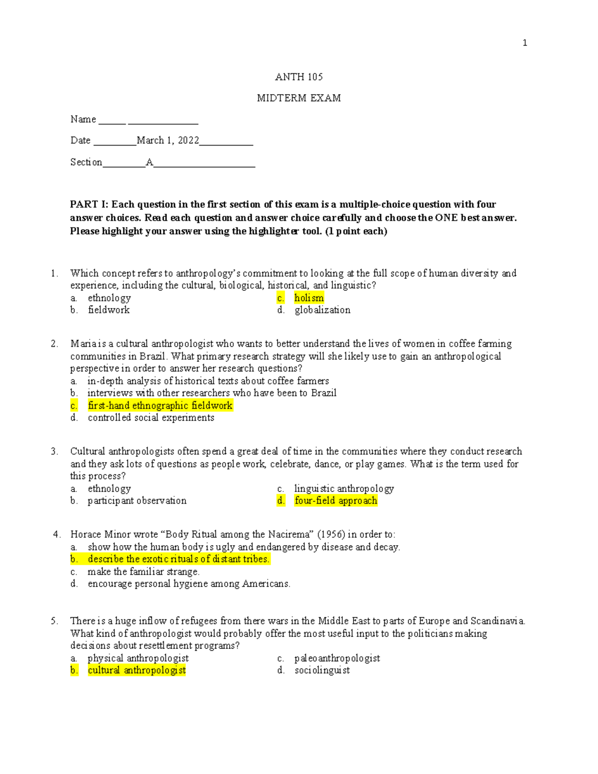 ANTH.105 Midterm Exam Study Guide - Key Concepts & Questions - Studocu