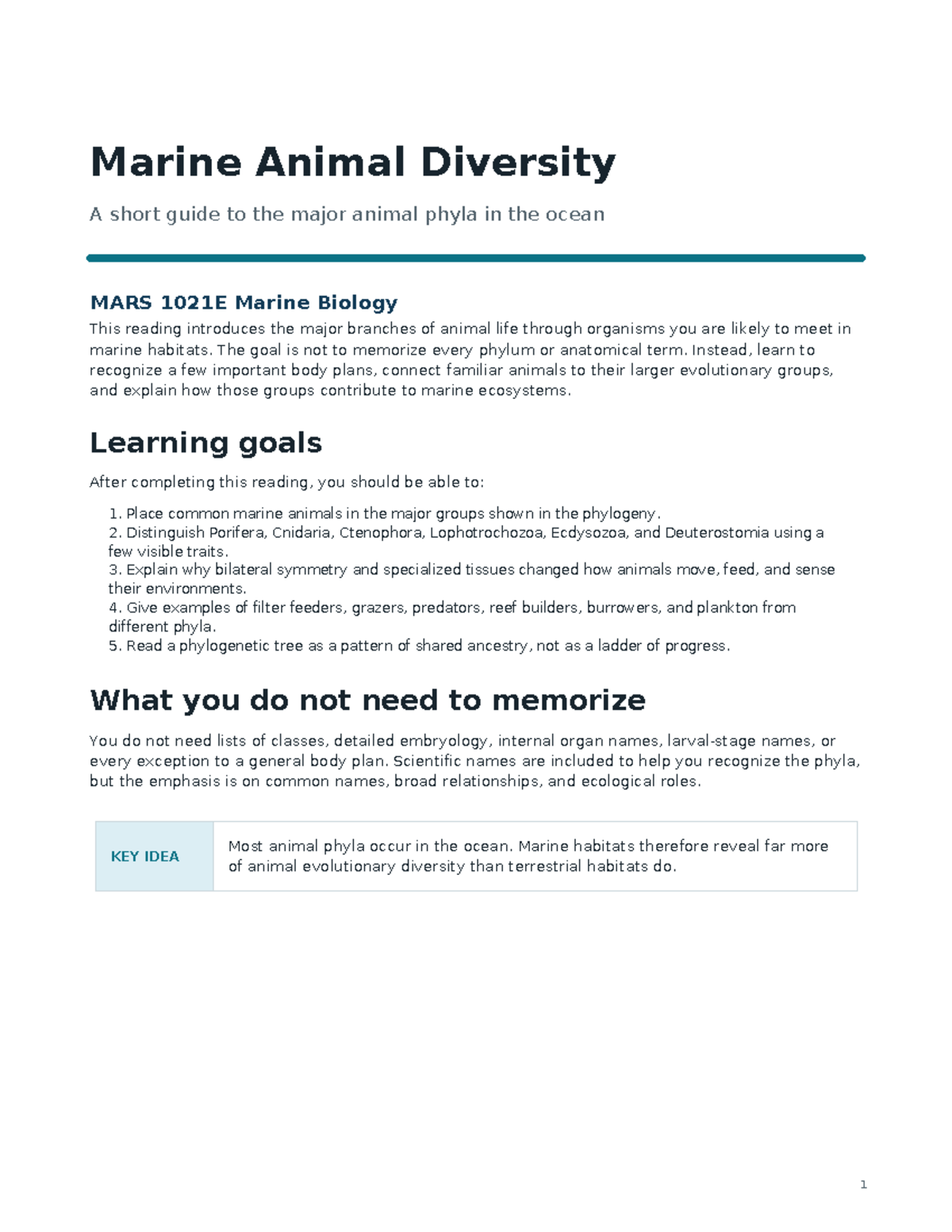 Marine Animal Phyla Overview: A Guide for MARS 1021E Students - Studocu