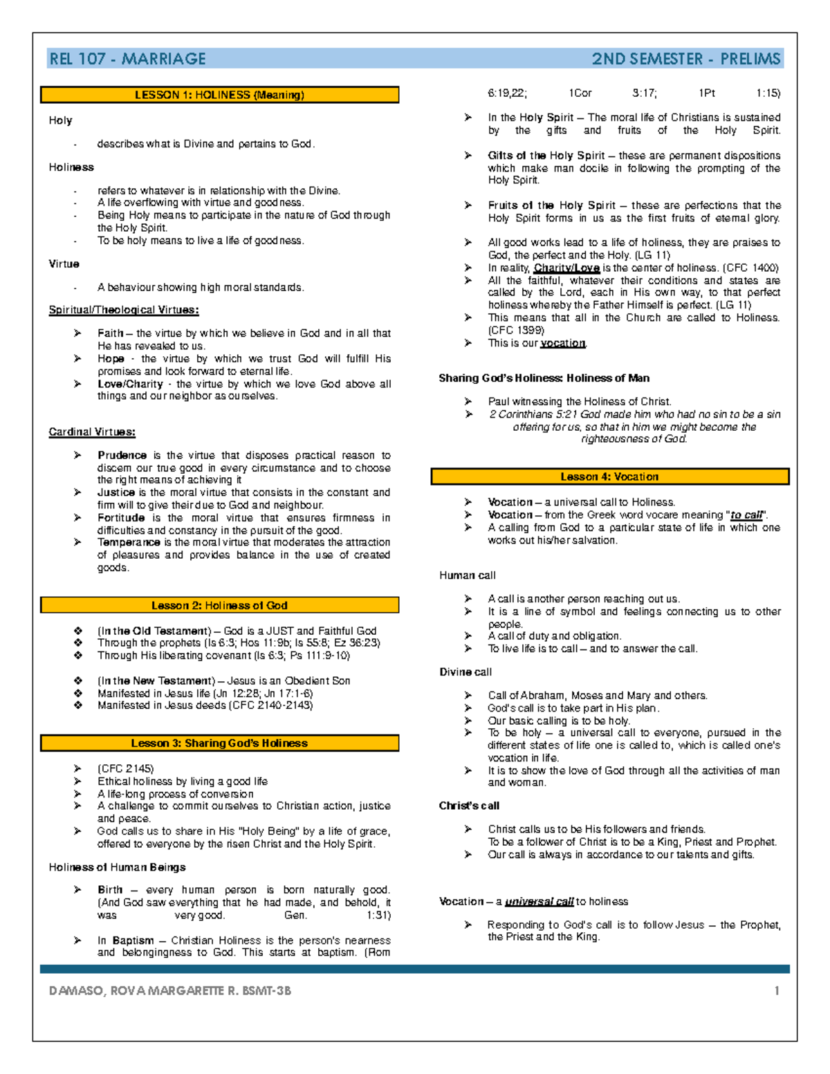 REL 107 - MARRIAGE 2ND SEMESTER - PRELIM NOTES ON HOLINESS - Document Preview