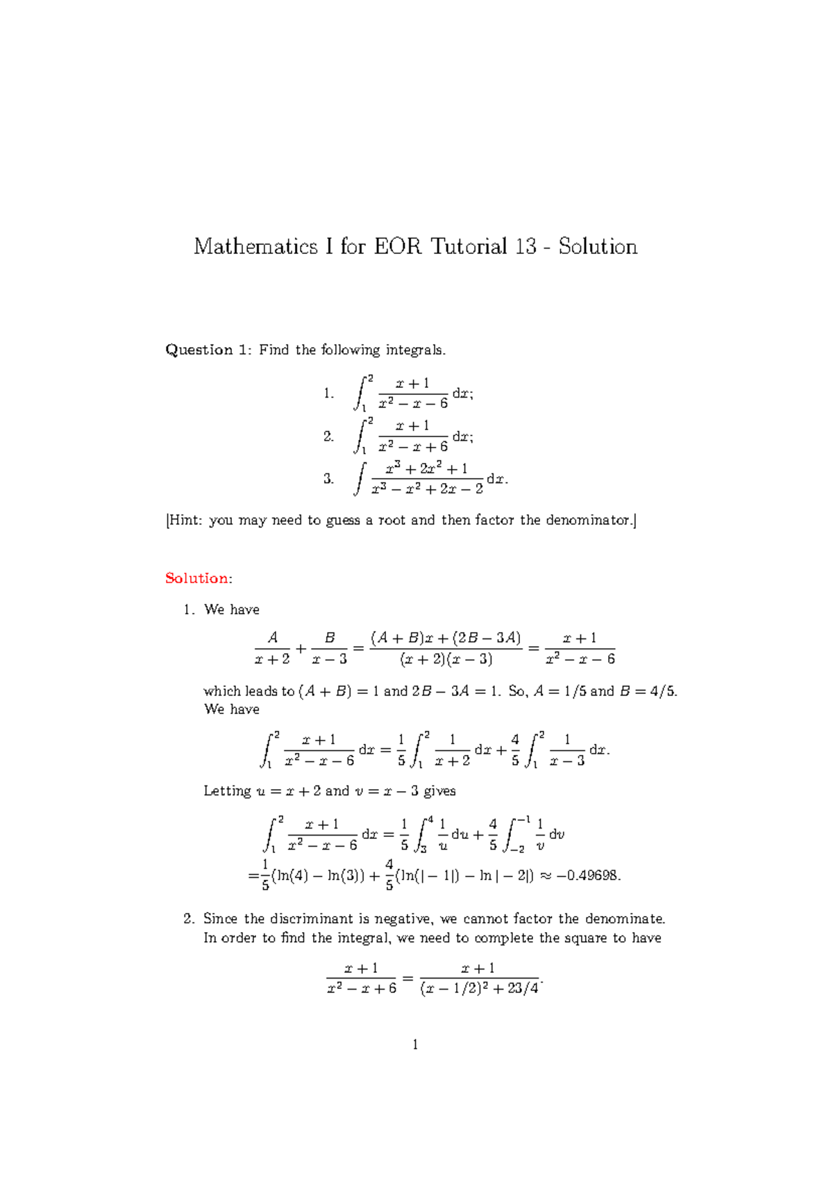 Mathematics I for EOR: Tutorial 13 Solutions and Integrals - Studeersnel