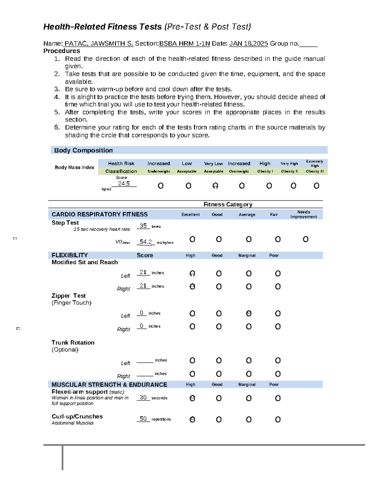 HRM 1-1N Pathfit - Health-Related Fitness Tests (Pre-Test & Post Test ...