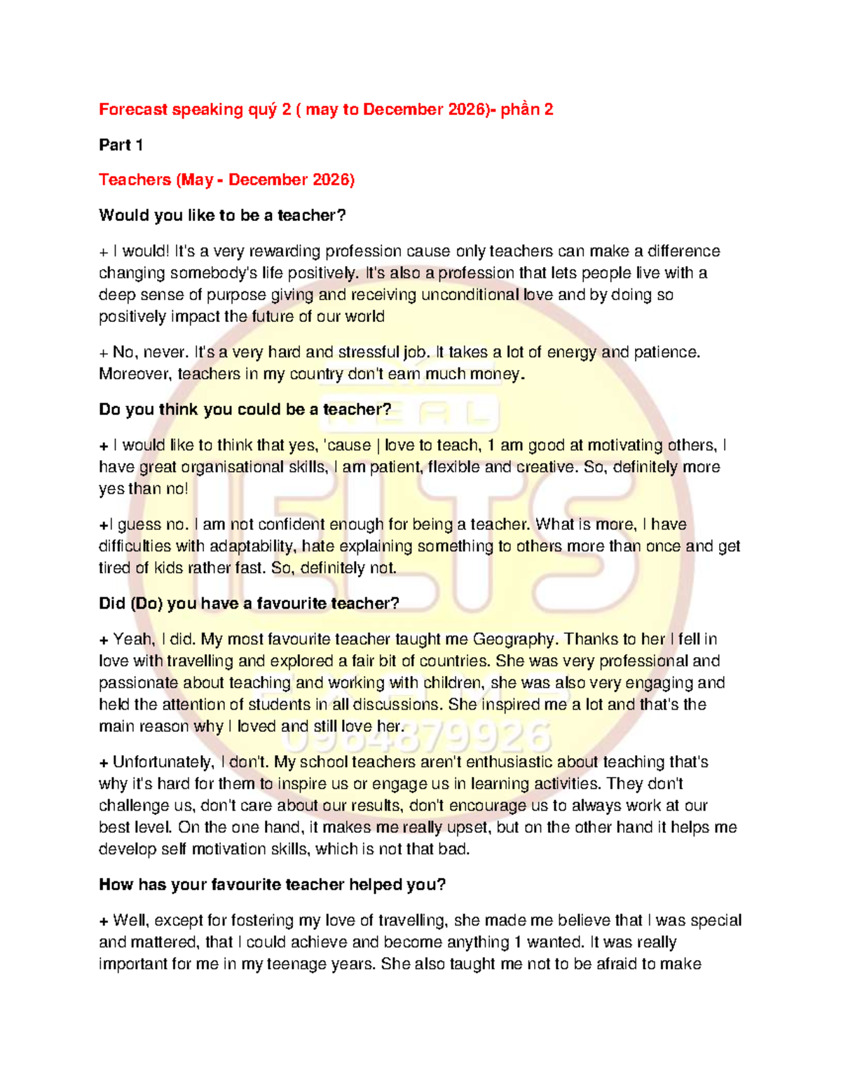 Forecast Speaking Q2 (May to December 2026) - Teacher Reflections - Studocu