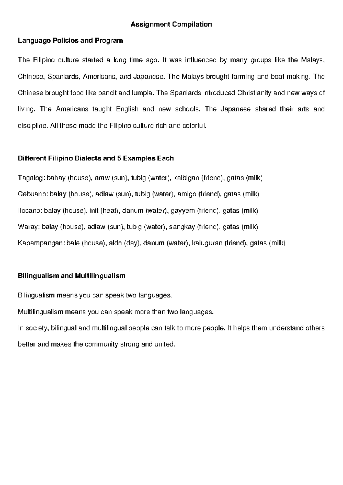 Assignment Compilation: Filipino Culture, Dialects, and Language ...