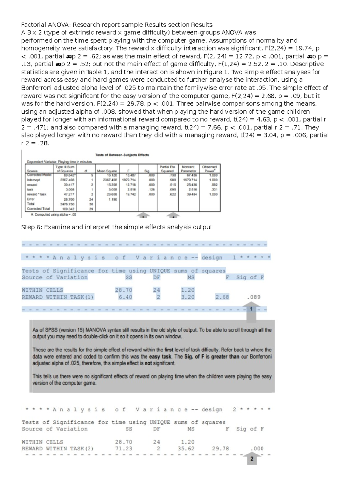 Research Report: Factorial ANOVA Results for Extrinsic Rewards (Example ...