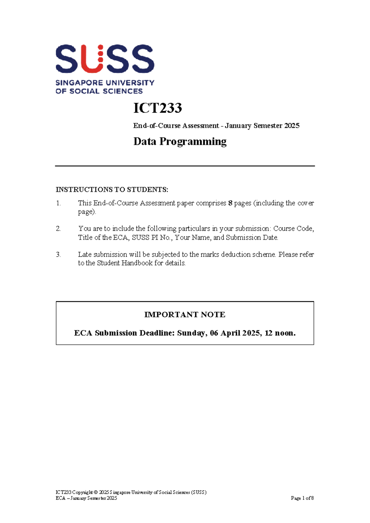 ICT233 ECA Guidelines & Questions for Data Programming January 2025 ...