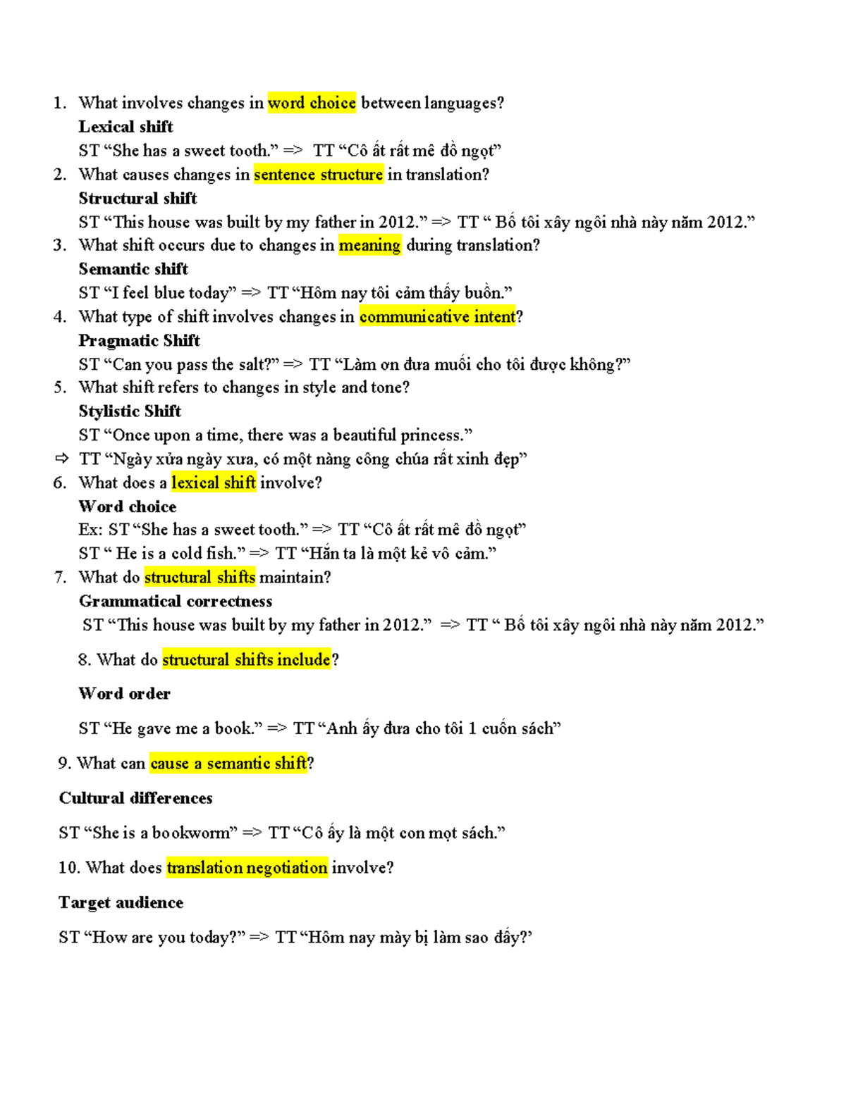 Đề cương lý thuyết dịch - .... - What involves changes in word choice ...