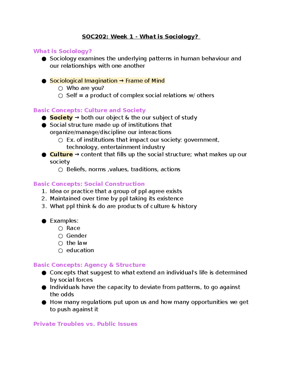 SOC202 Week 1 - Intro to Sociology Lecture Notes from Sheps - Studocu