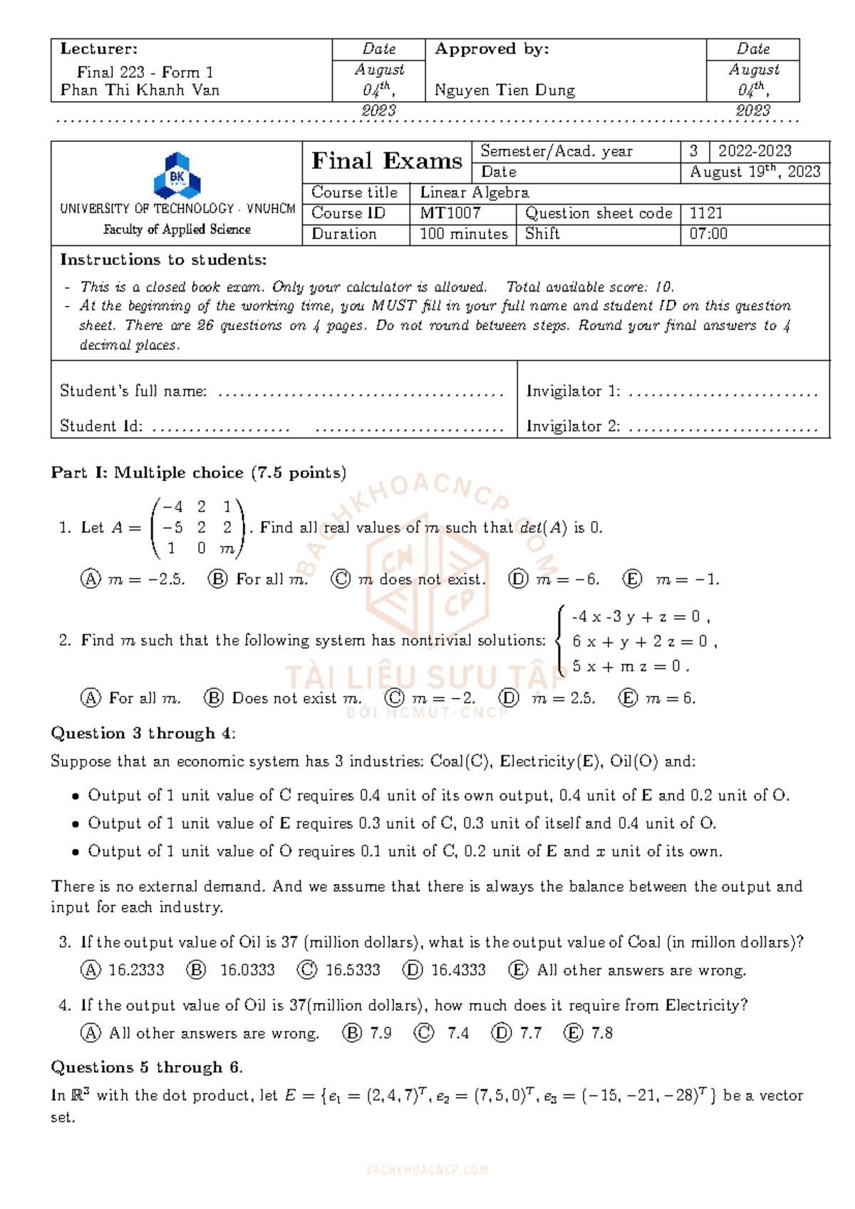 LA Final Exam 223: Linear Algebra Question Sheet - Studocu