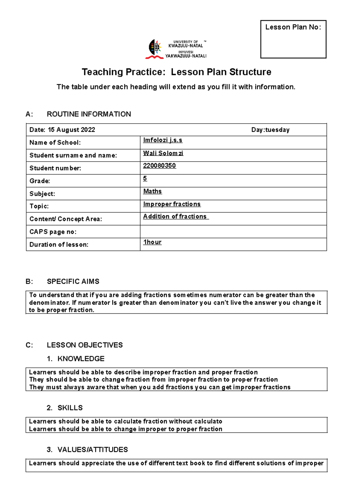 Week3 maths - Teaching Practice: Lesson Plan Structure The table under ...
