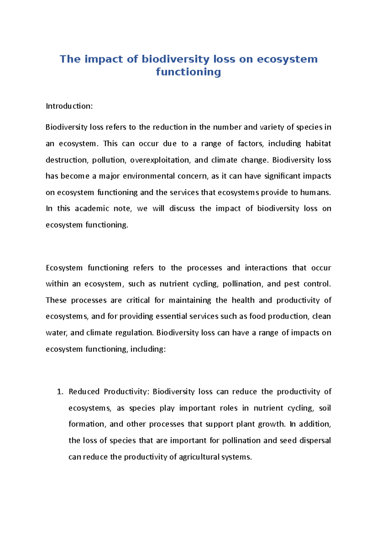 Biodiversity Loss & Its Impact on Ecosystem Functioning: A Study - Studocu