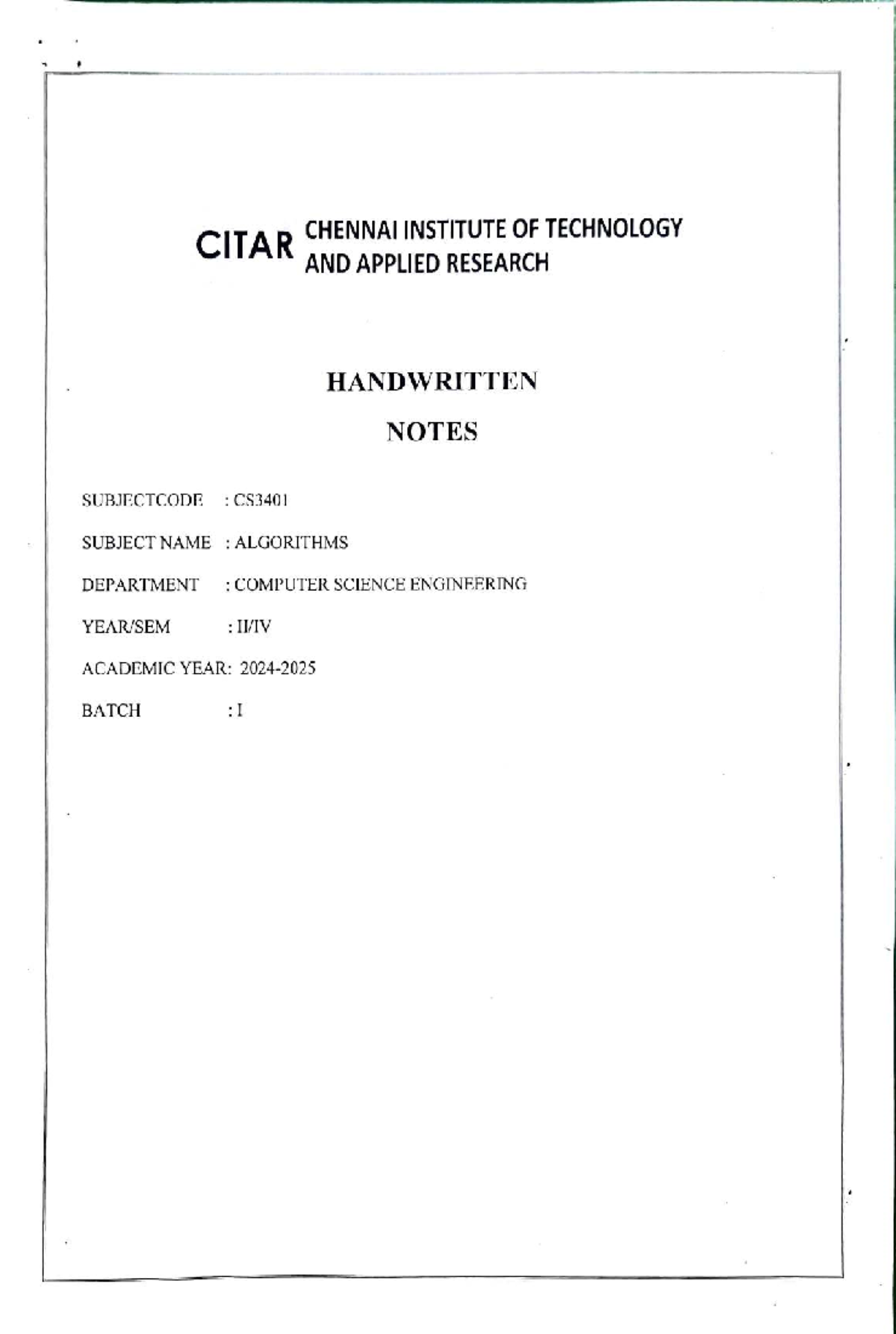 CS3401 Algorithms Handwritten Notes - Unit 1 Overview - Studocu