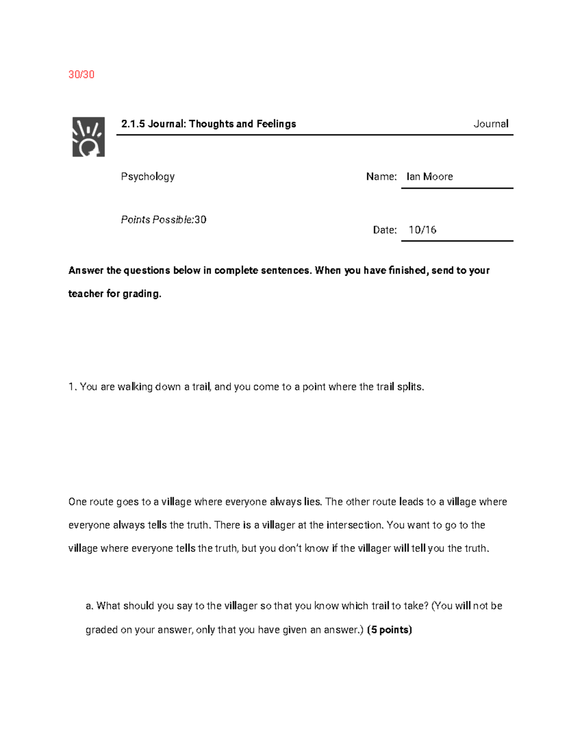 Psychology 2.1.5: Journal of Thoughts and Feelings Reflection - Studocu