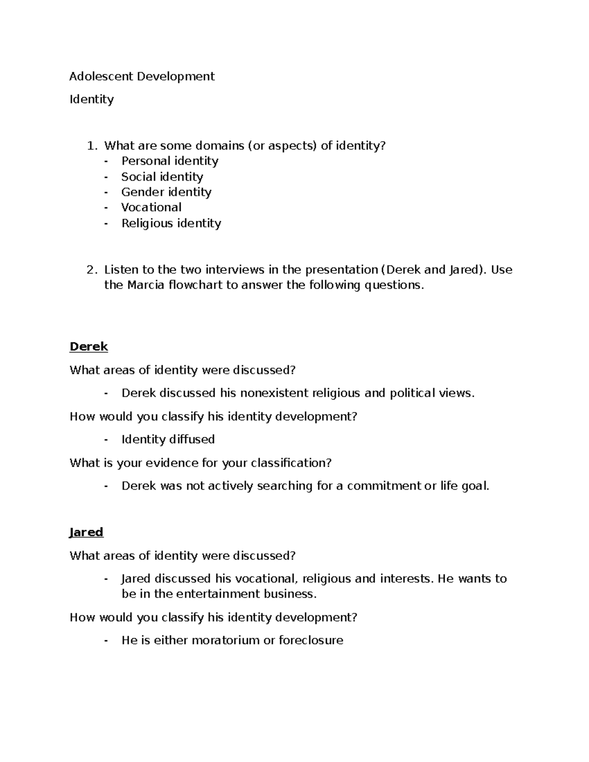 Adolescent Development Worksheet 8: Exploring Identity Domains - Studocu