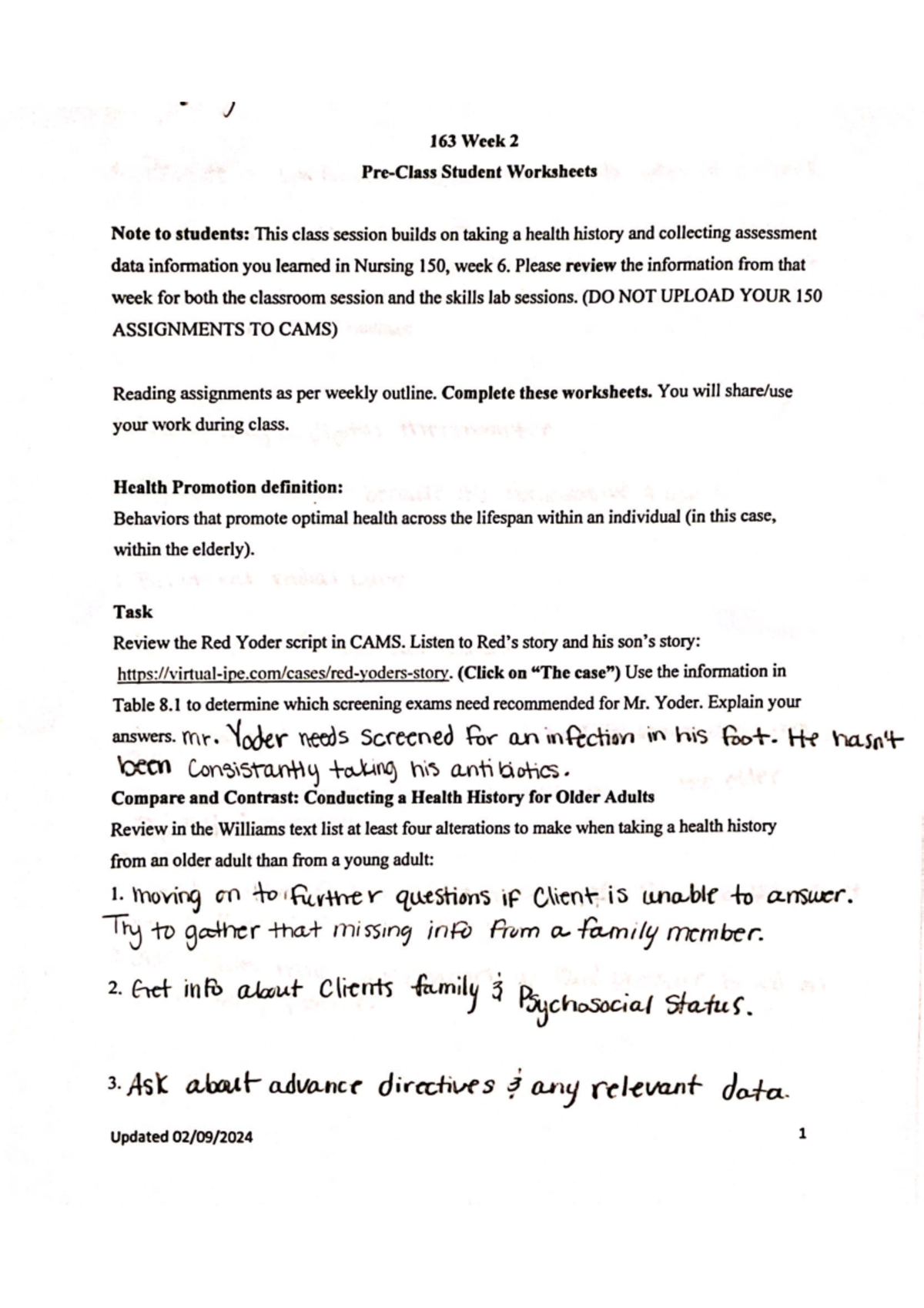 Nur 163 course week 2 - 163 Week 2 Student Worksheets Note to students ...