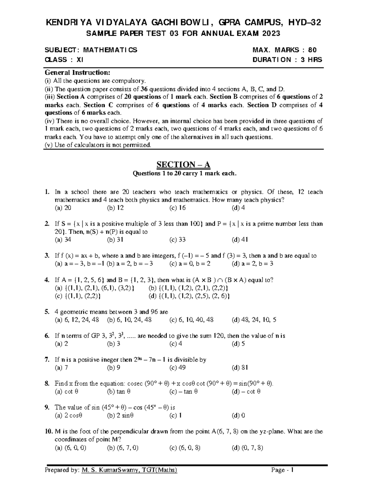Maths class xi sample paper test 03 for annual exam 2022 23 - KENDRIYA ...
