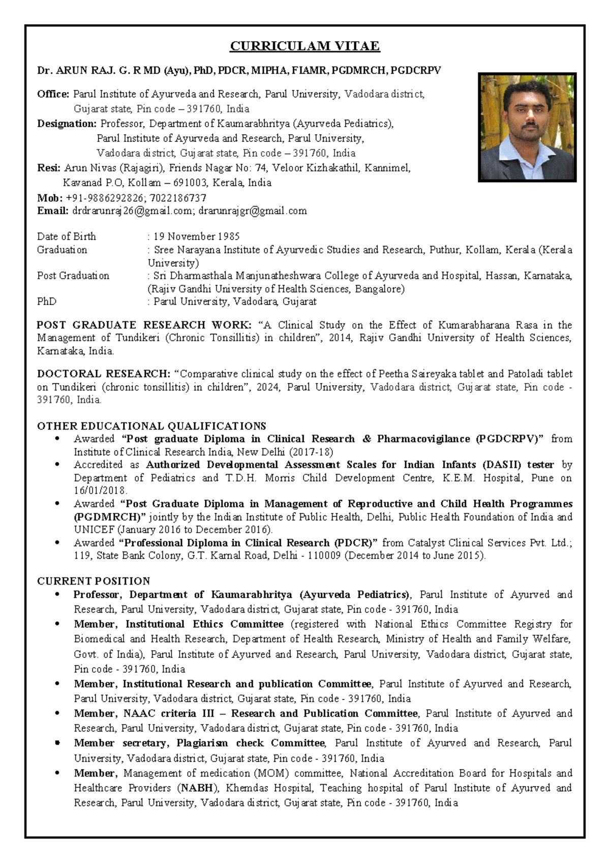 Dr Arun Raj GR: Short CV & Academic Profile - SCV - Studocu