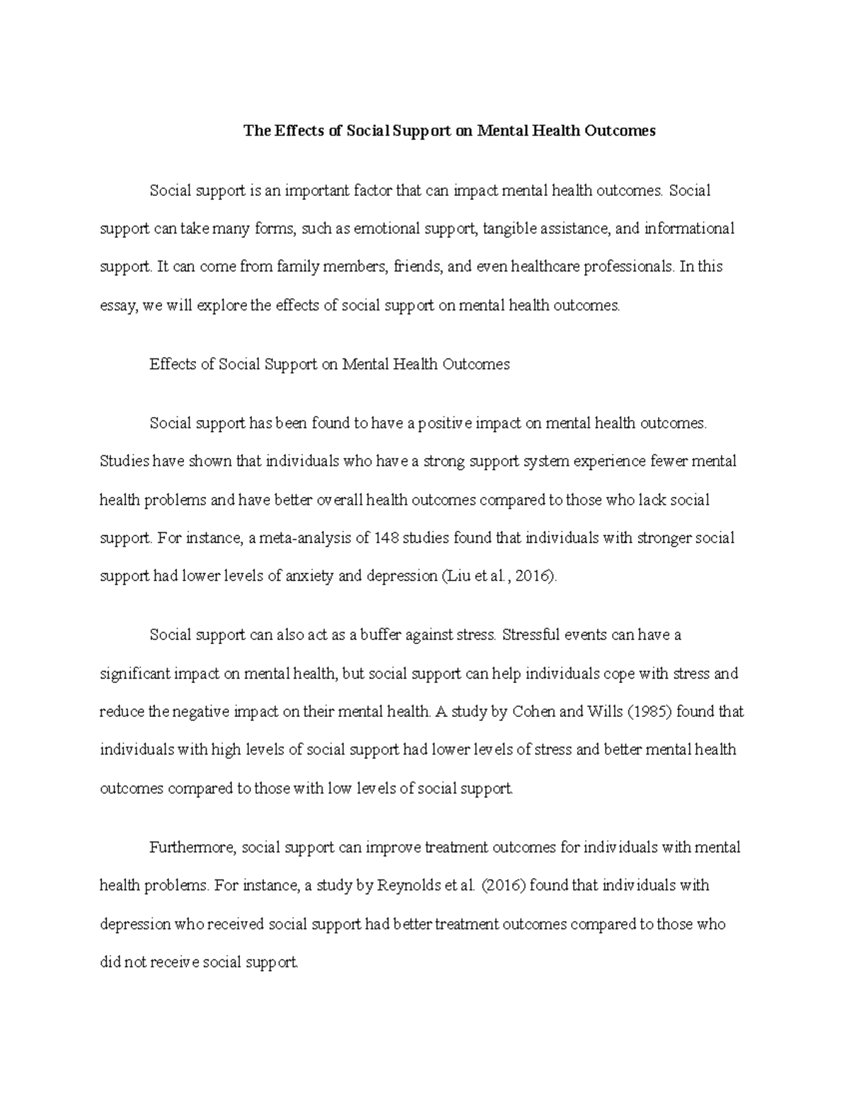 The Impact of Social Support on Mental Health Outcomes: A Study - Studocu