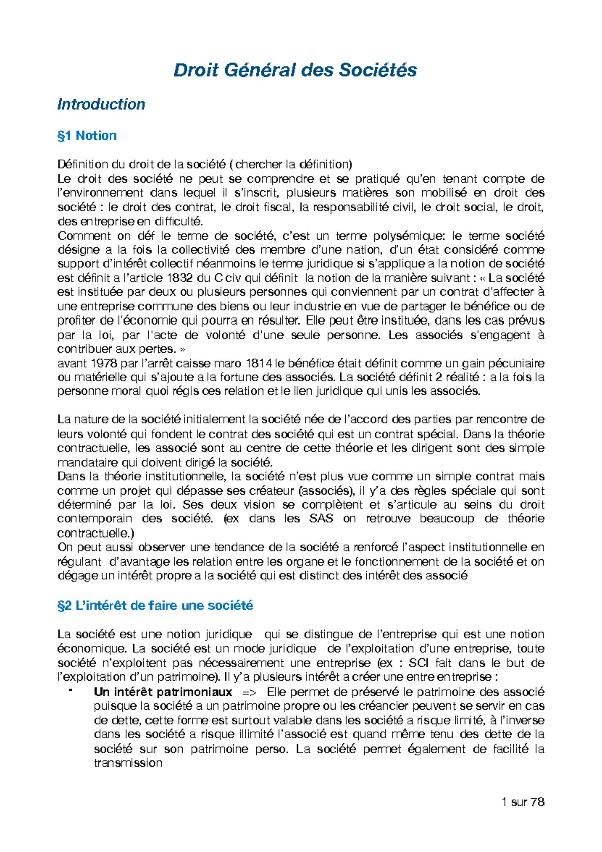 CM Droit des Sociétés : Introduction et Notions Fondamentales - Studocu