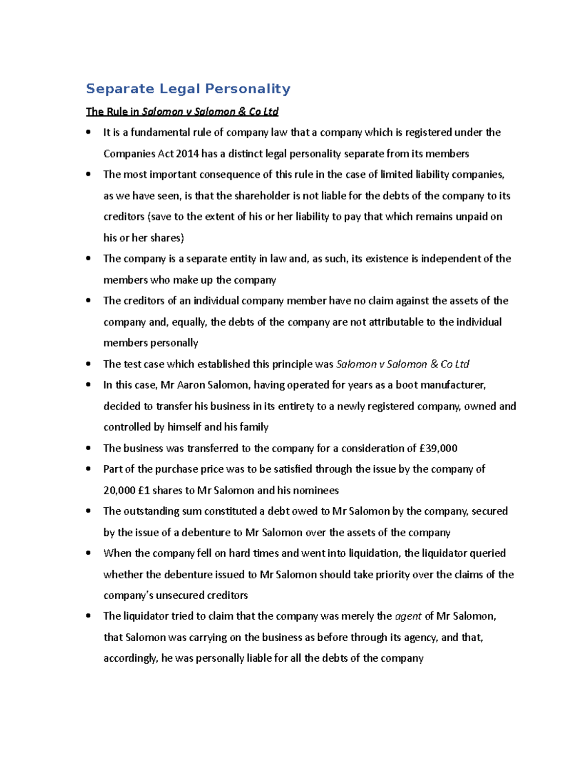 Separate Legal Personality in Company Law: Insights & Exceptions - Studocu