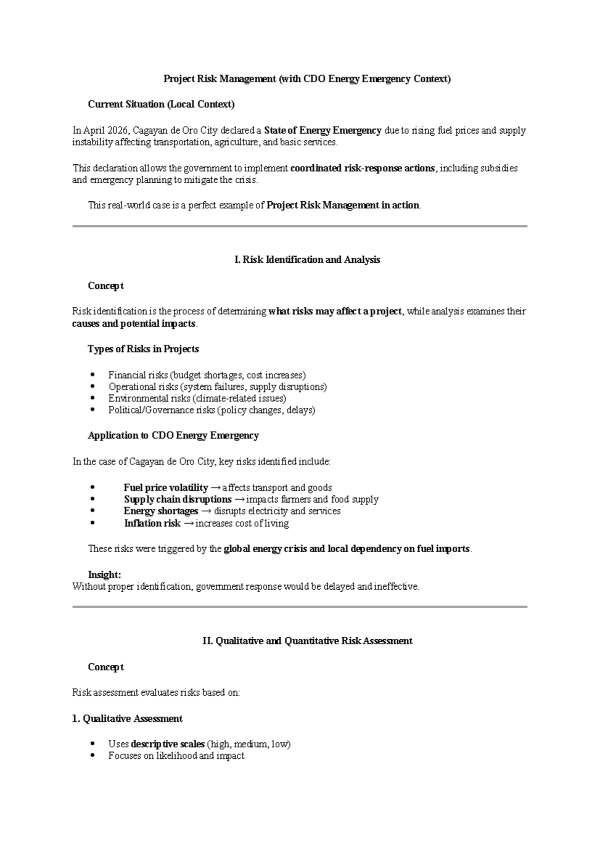 Project Risk Management in CDO Energy Emergency Context (2026) - Studocu