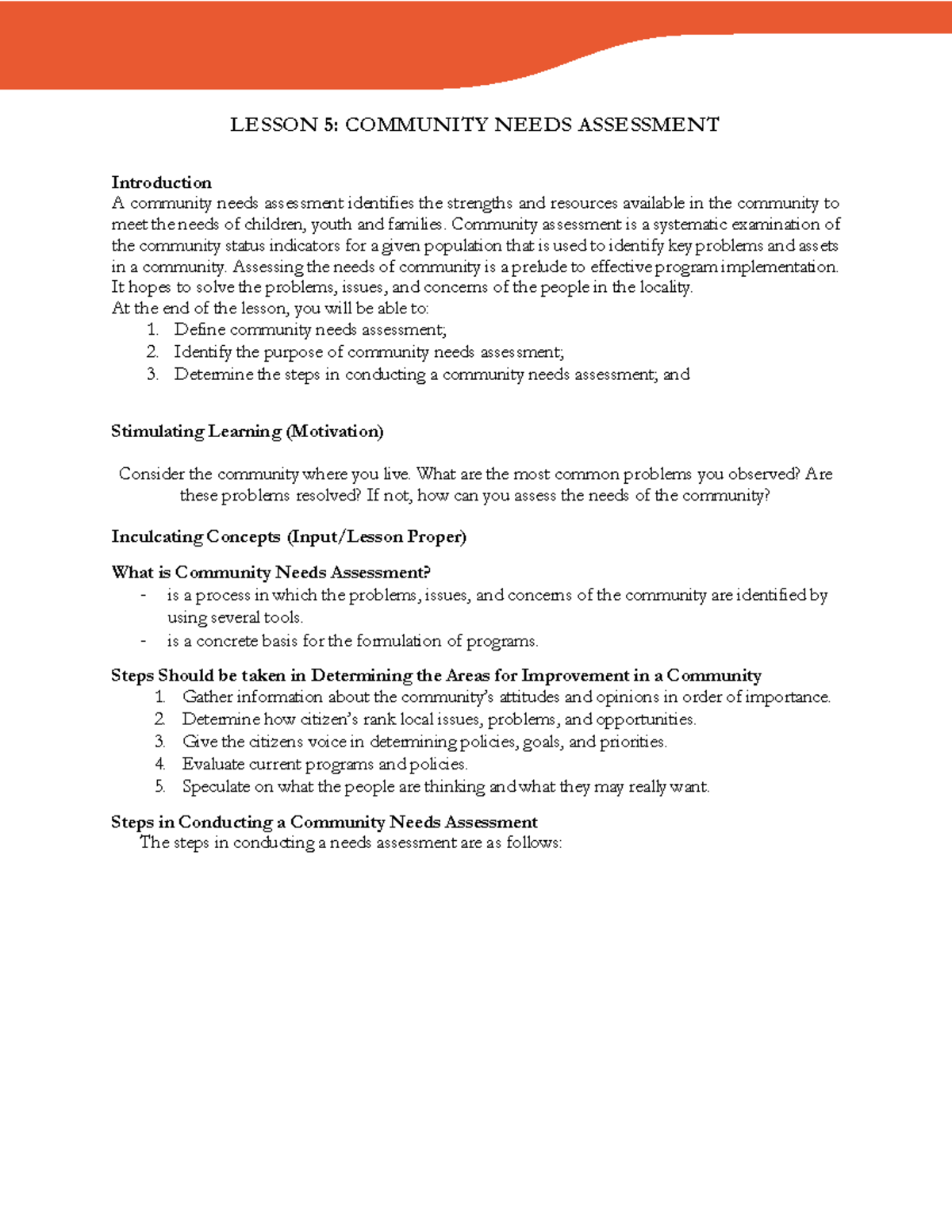 NSTP Lesson 5: Community Needs Assessment and Project Evaluation - Studocu
