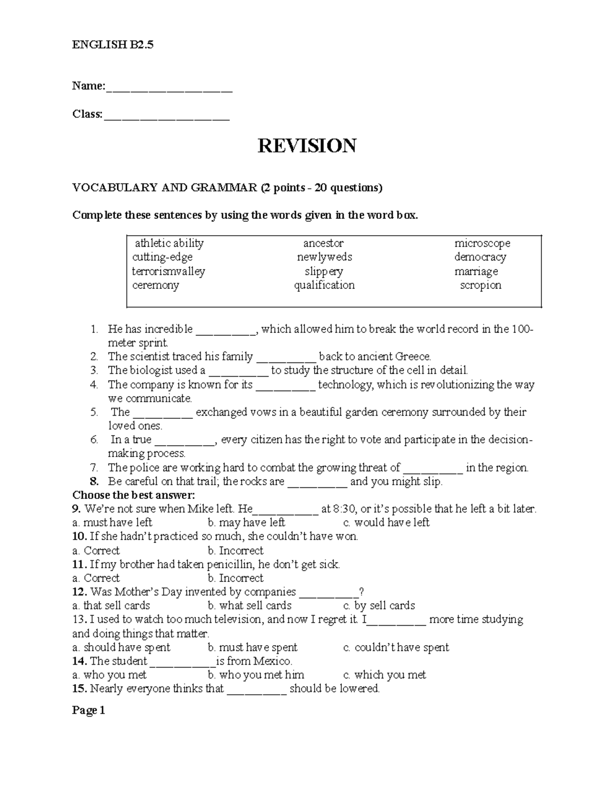 ENGLISH B2.5 REVISION: VOCABULARY & GRAMMAR EXERCISES - Studocu