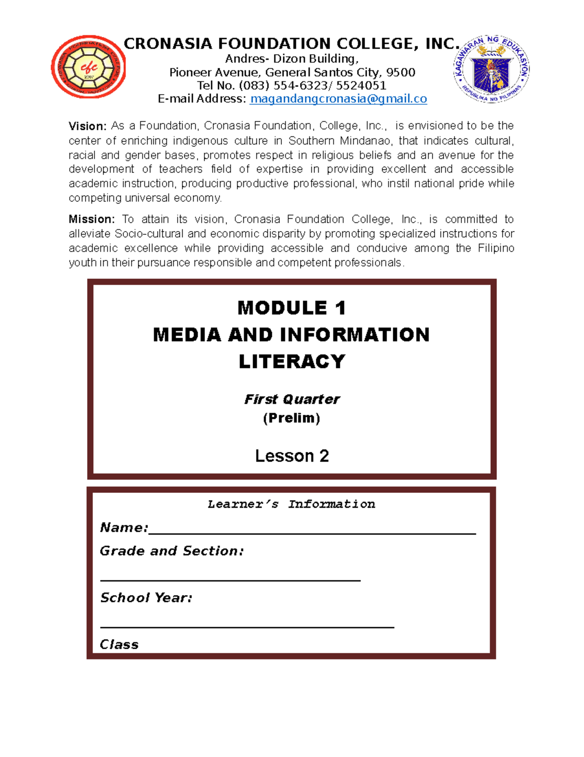 Media and Information Literacy Module Lesson 2 - Andres- Dizon Building ...