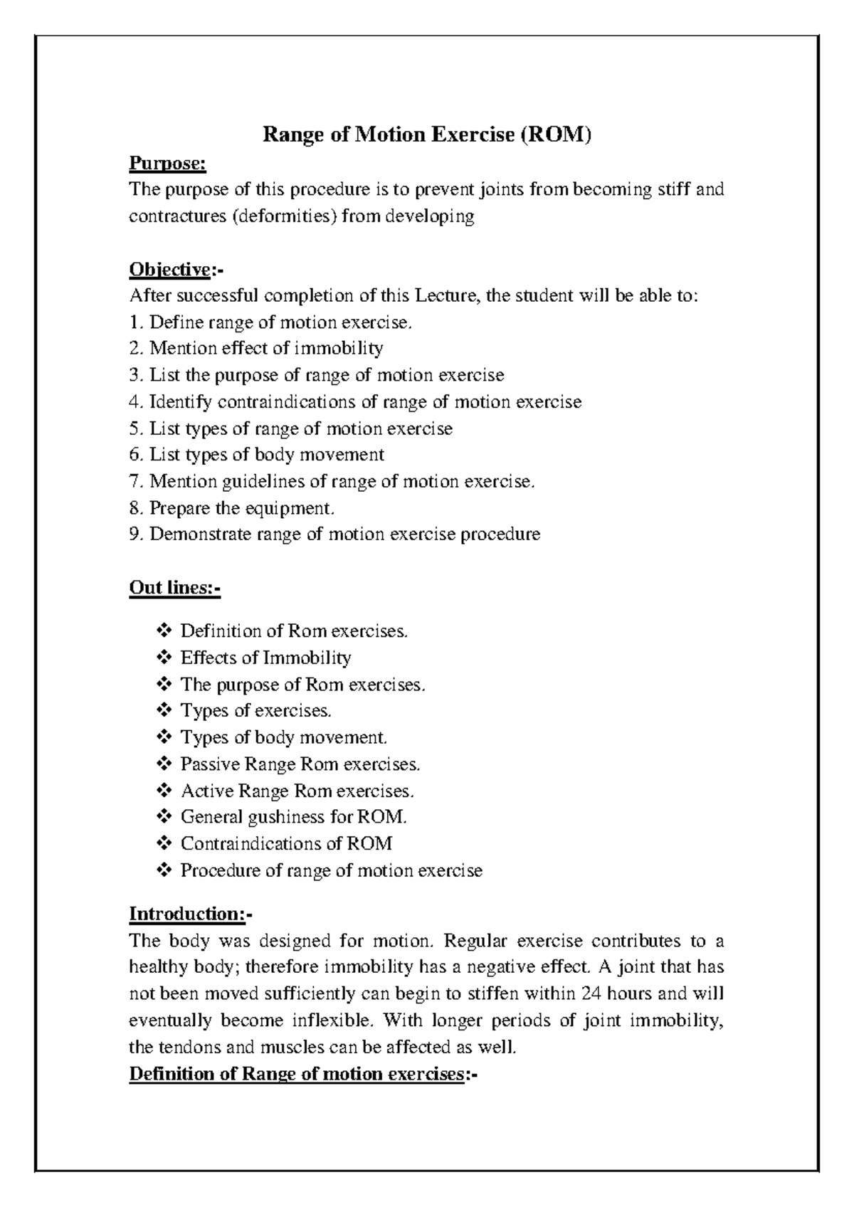 ROM Exercises: Preventing Stiffness in First Year Nursing Lecture - Studocu