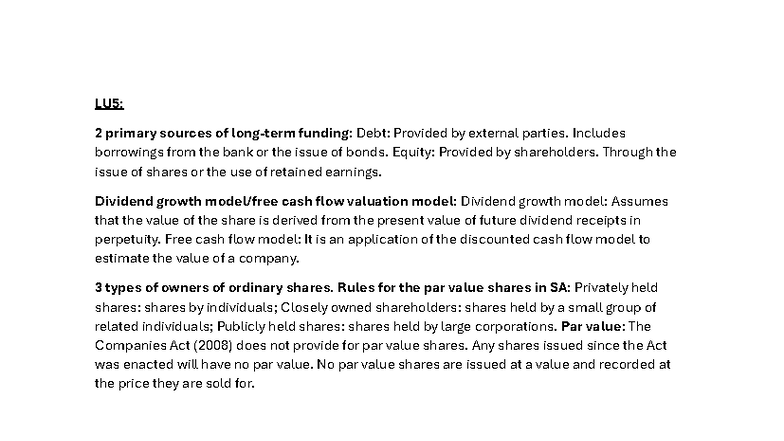 FM LU5: Funding Sources & Valuation Models Notes - Studocu