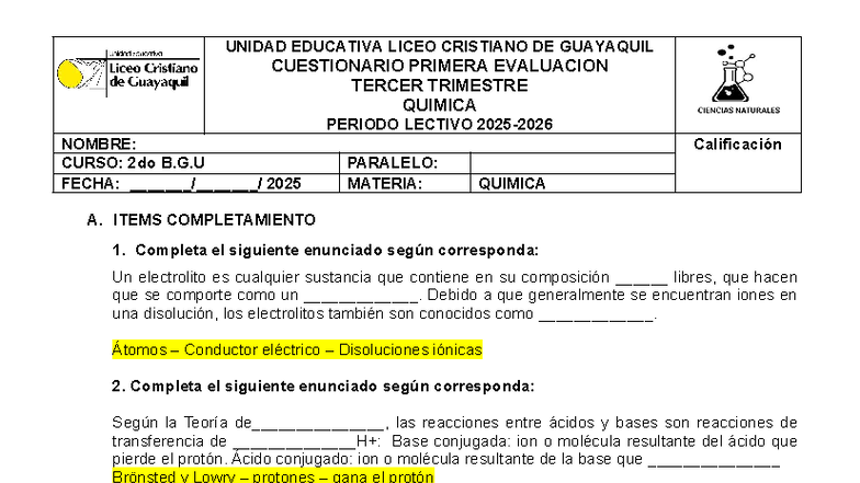 Cuestionario 1ra Evaluación Química 2do B.G.U - 3er Trimestre 2025