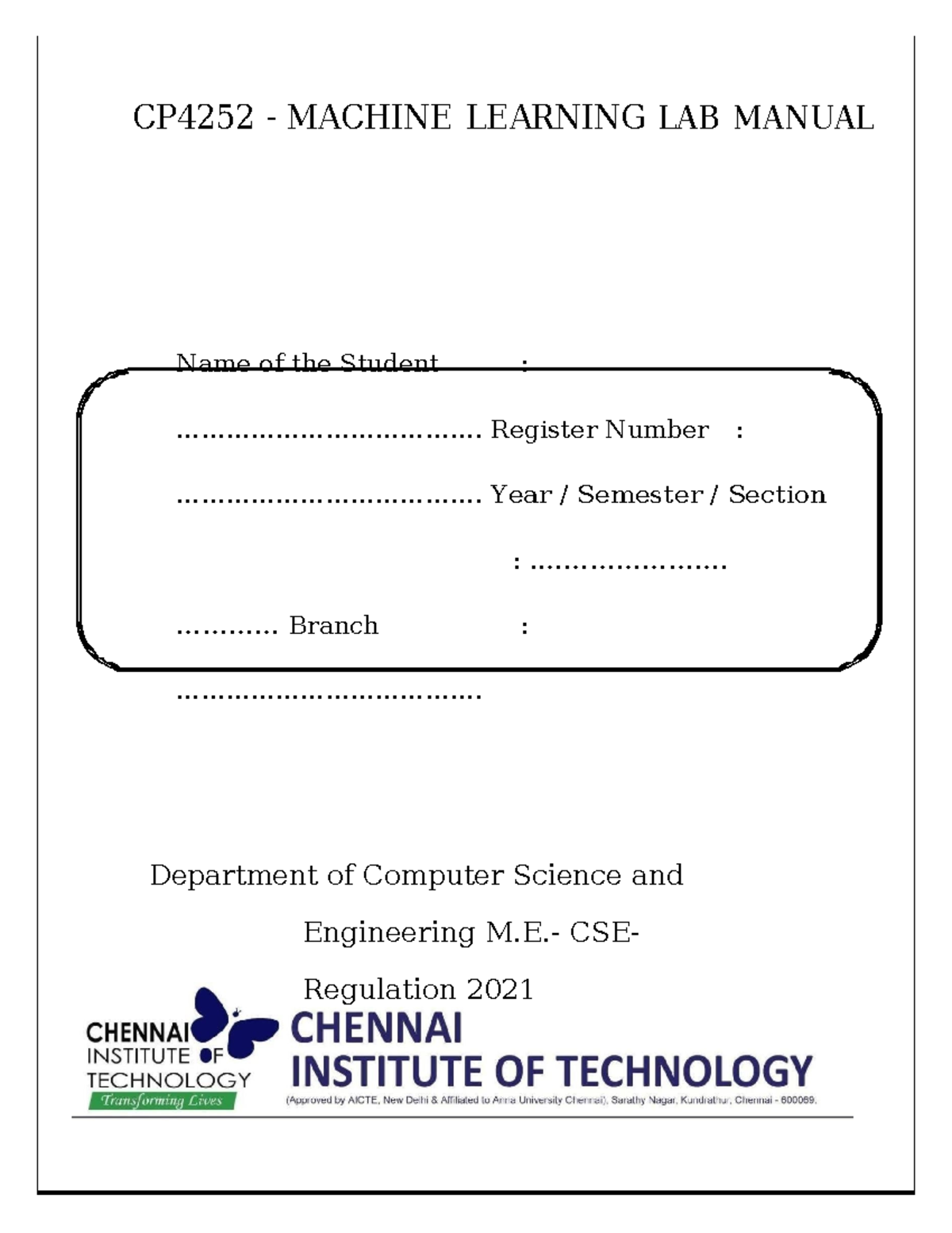 CP4252-Machine Learning Laboratory Manual: Final Exam Overview - Studocu
