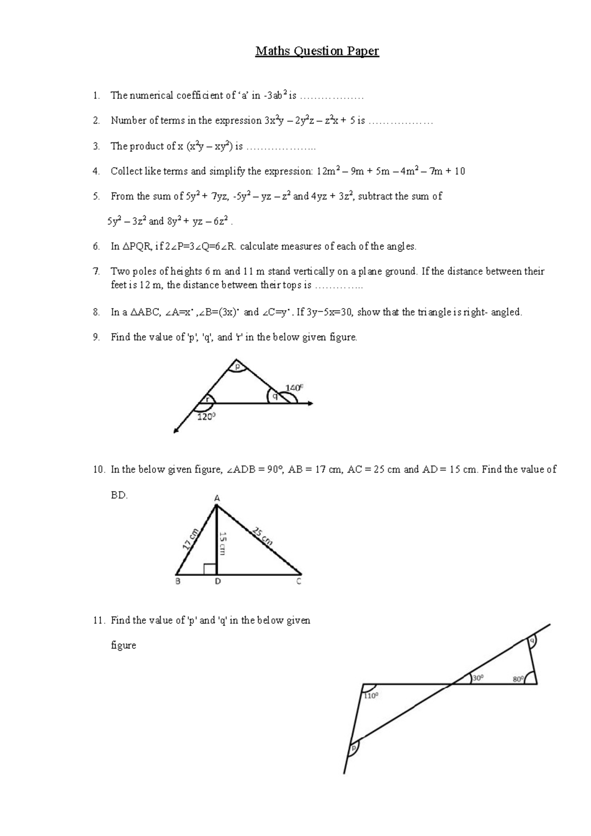 Maths QP 1: Algebra, Geometry & Triangle Properties - Studocu