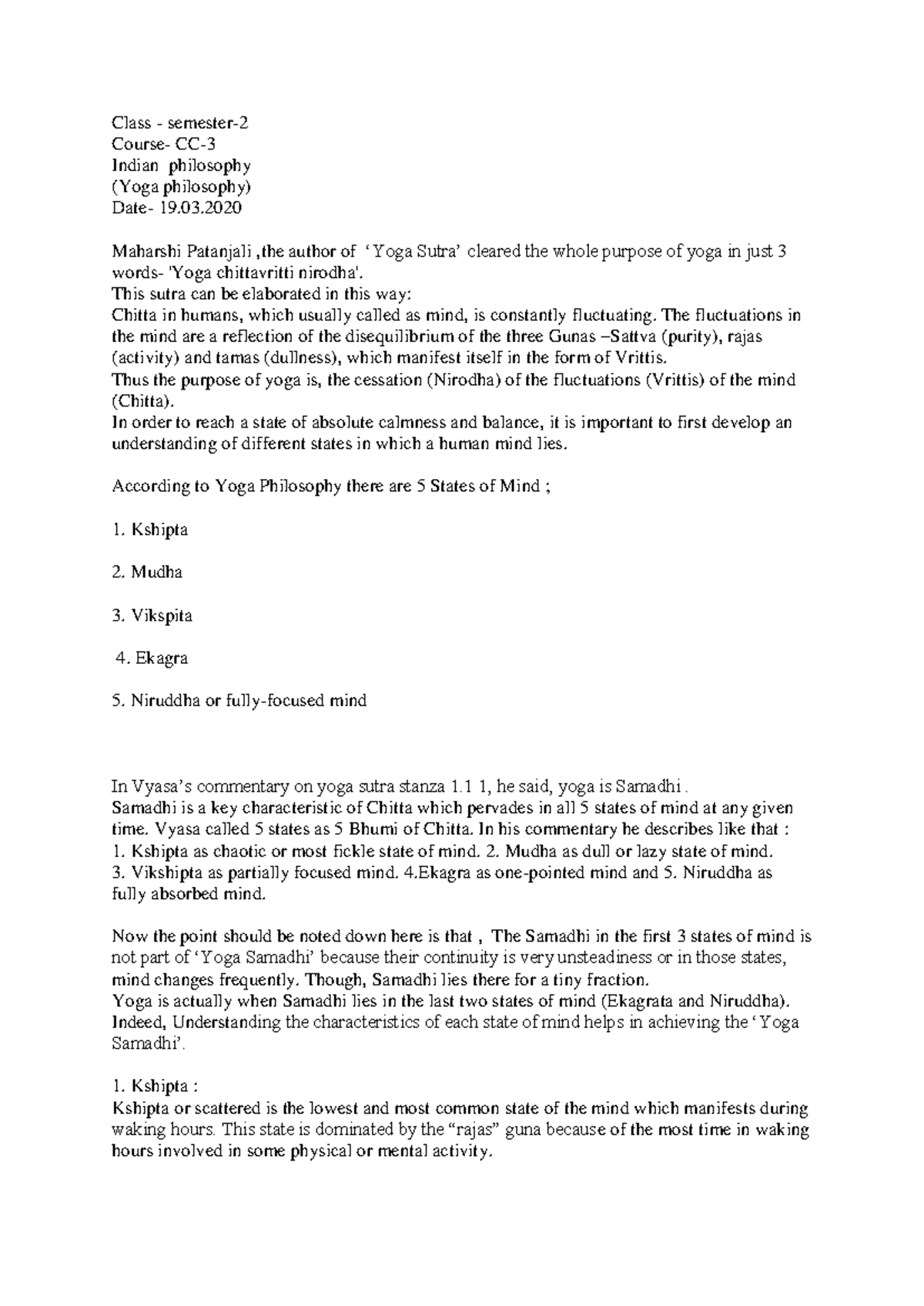 Sem2 Philo Hons CC3: Understanding the Five States of Mind in Yoga ...