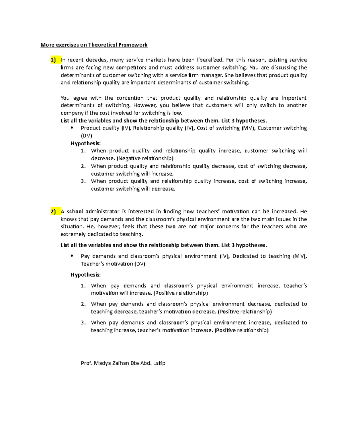 Theoretical Framework Exercises and Hypotheses Development (BUS 101 ...